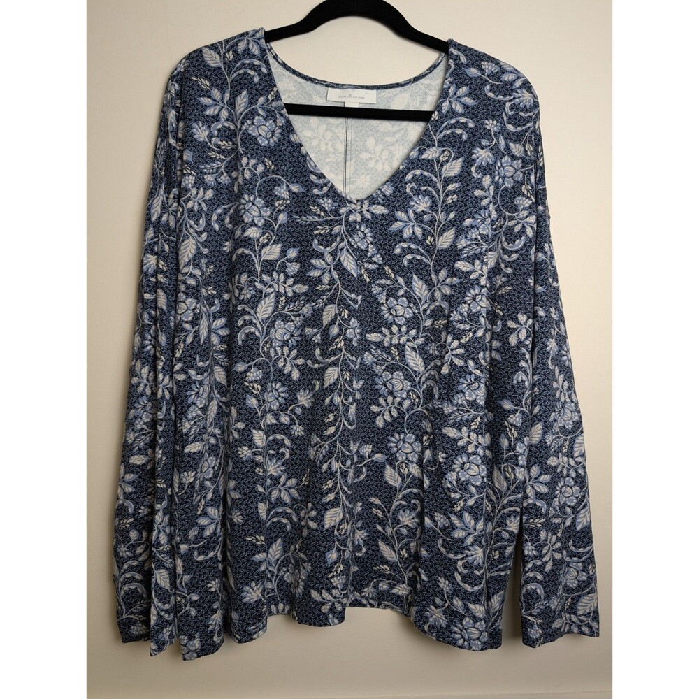 Pure Jill J.Jill Blue Floral Paisley V Neck Long Sleeve Eco-Terry Top Size XL